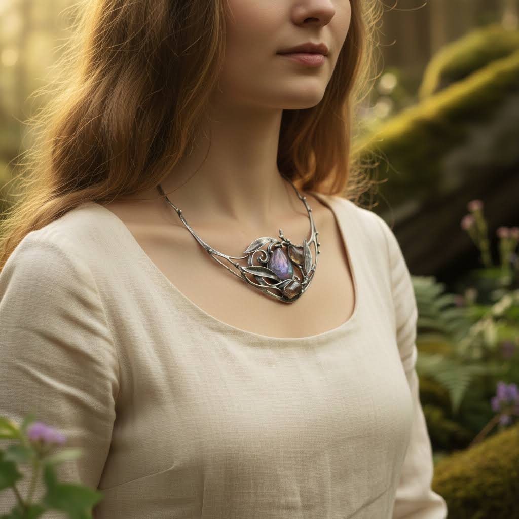 Ručně cínovaný velký náhrdelník ve fantasy stylu